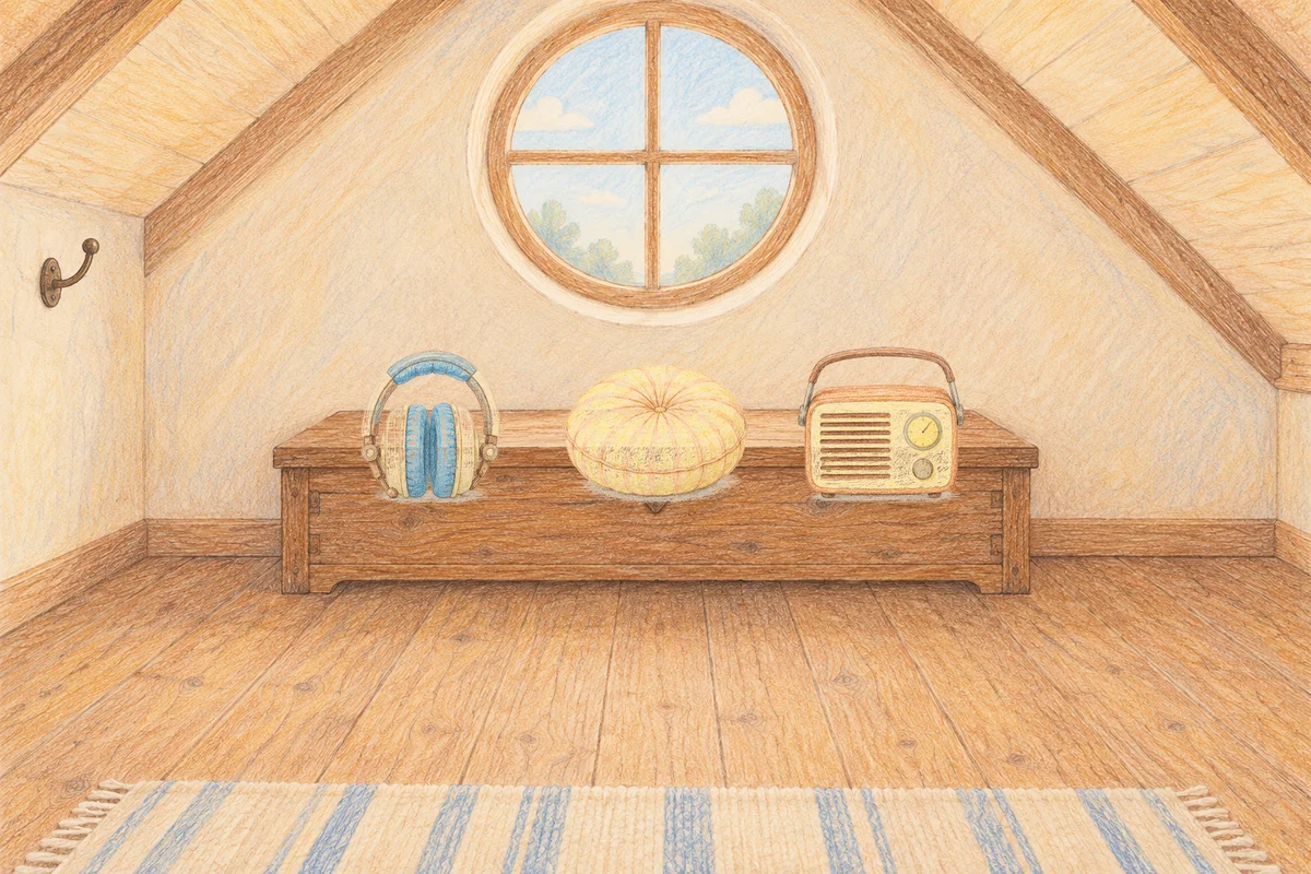 석촌동 여성전용 후기 마사지 안내 그림, 낮의 다락방 나무 궤짝 위에 놓인 헤드폰, 둥근 쿠션, 작은 라디오