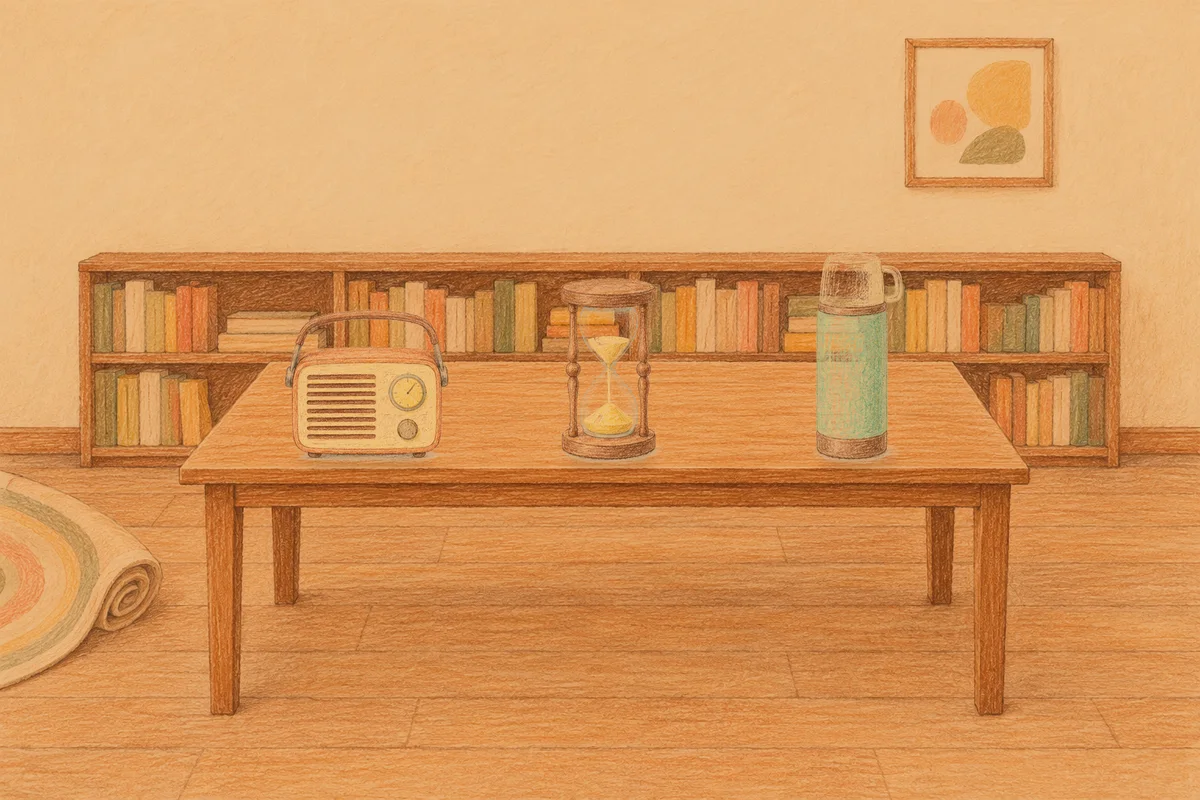 석촌동 여성전용 가격 마사지 안내 그림, 저녁의 서재 긴 책상 위에 놓인 작은 라디오, 모래시계, 보온병