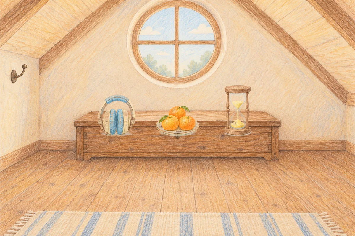 석촌동 여성전용 추천 마사지 안내 그림, 낮의 다락방 나무 궤짝 위에 놓인 헤드폰, 귤이 담긴 접시, 모래시계