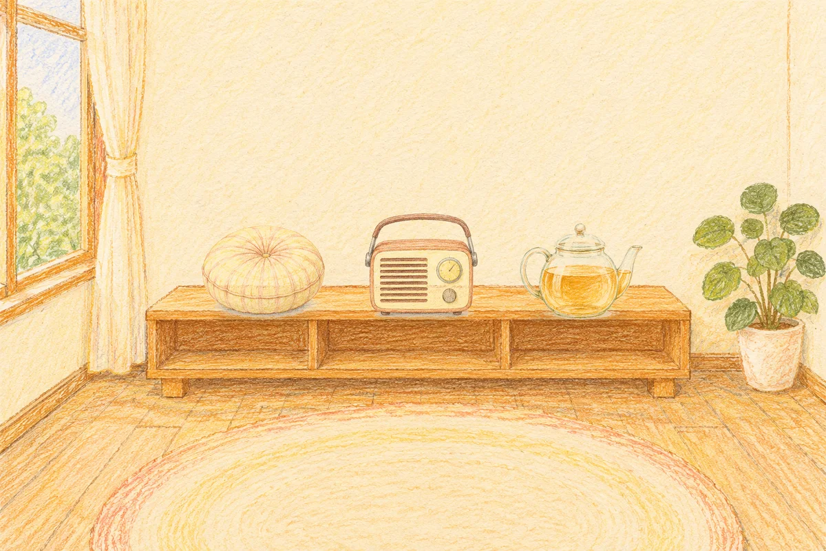 삼전동 여성전용 아로마 마사지 안내 그림, 낮의 창가 낮은 선반 위에 놓인 둥근 쿠션, 작은 라디오, 유리 티포트