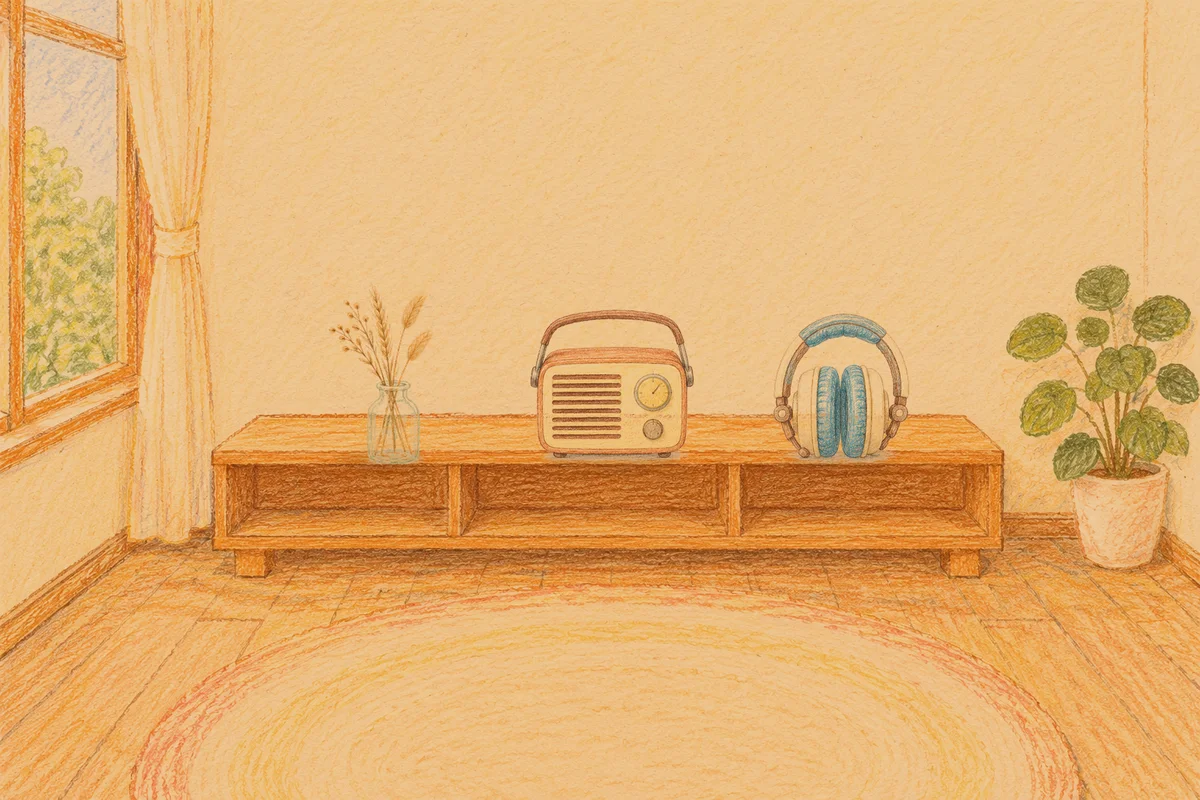 삼전동 여성전용 라벤더 아로마 안내 그림, 저녁의 창가 낮은 선반 위에 놓인 마른 풀을 꽂은 항아리, 작은 라디오, 헤드폰