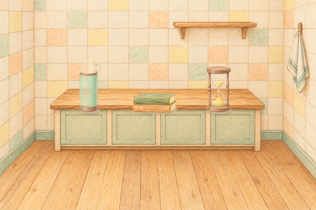 삼전동 여성전용 아로마 마사지 후기 안내 그림, 낮의 부엌 나무 조리대 위에 놓인 보온병, 책 두 권, 모래시계