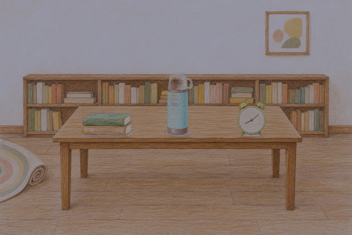 삼전동 여성전용 스웨디시 가격 안내 그림, 밤의 서재 긴 책상 위에 놓인 책 두 권, 보온병, 둥근 알람시계