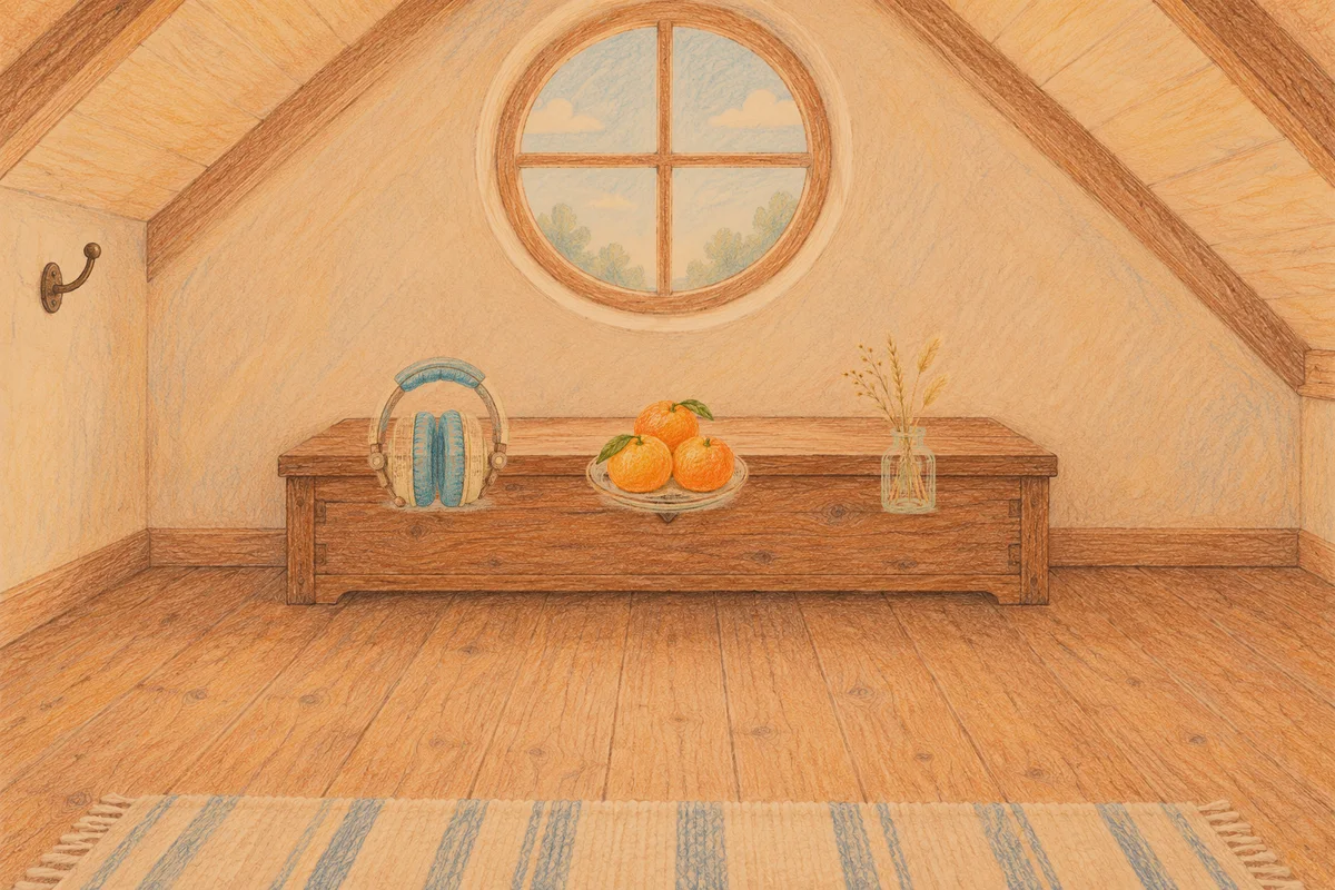 삼전동 여성전용 아로마 추천 안내 그림, 저녁의 다락방 나무 궤짝 위에 놓인 헤드폰, 귤이 담긴 접시, 마른 풀을 꽂은 항아리