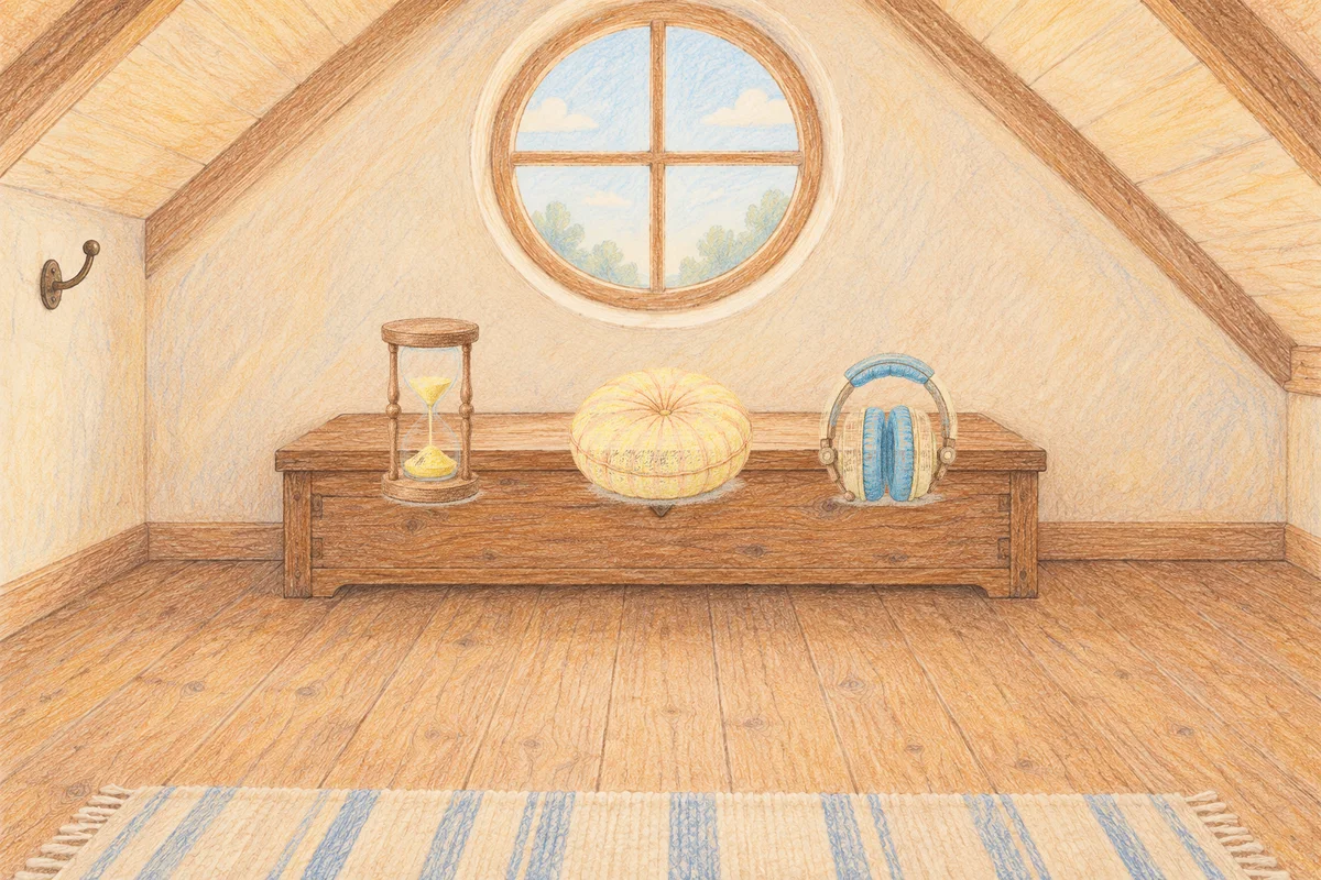 삼전동 여성전용 바디 경락 안내 그림, 낮의 다락방 나무 궤짝 위에 놓인 모래시계, 둥근 쿠션, 헤드폰