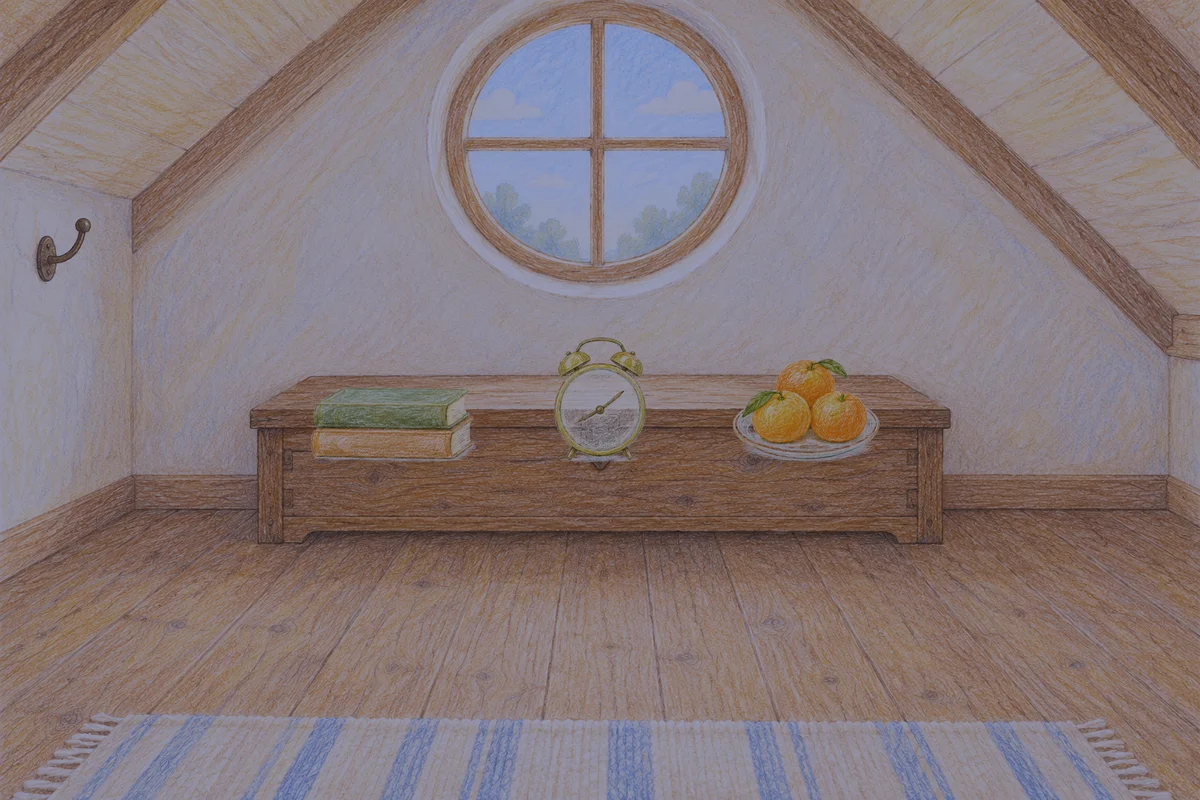 삼전동 여성전용 경락마사지 후기 안내 그림, 밤의 다락방 나무 궤짝 위에 놓인 책 두 권, 둥근 알람시계, 귤이 담긴 접시