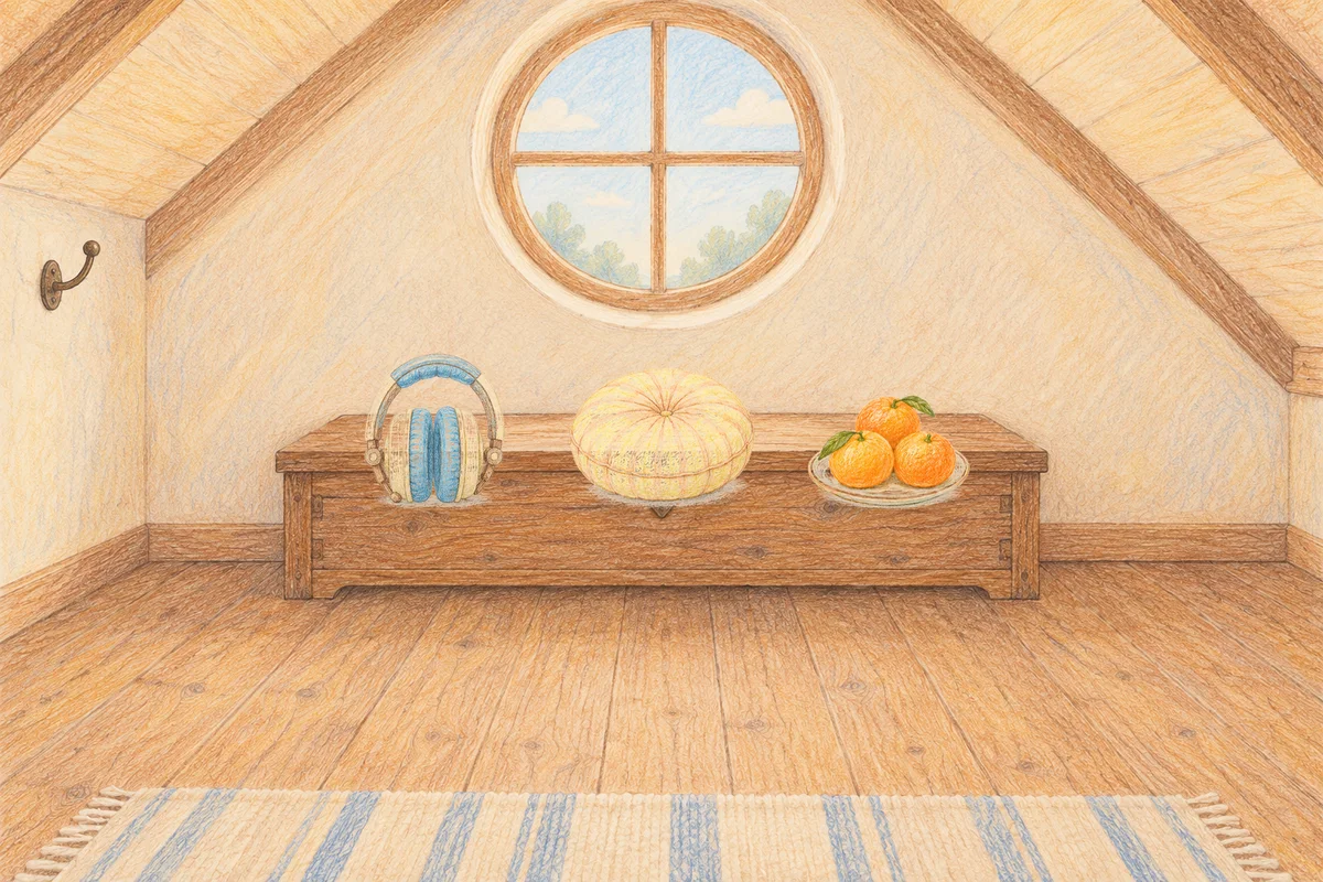 삼전동 여성전용 홈케어 서비스 안내 그림, 낮의 다락방 나무 궤짝 위에 놓인 헤드폰, 둥근 쿠션, 귤이 담긴 접시