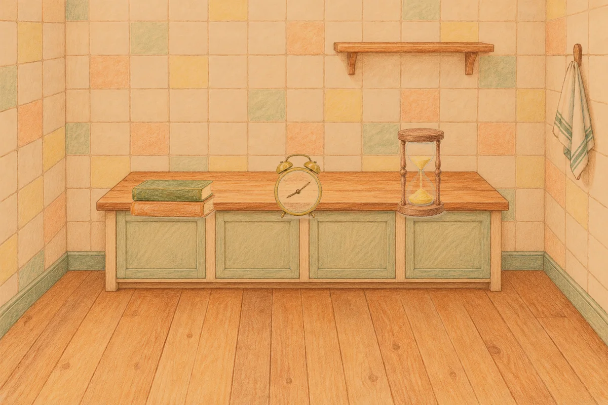 삼전동 여성전용 홈케어 추천 안내 그림, 저녁의 부엌 나무 조리대 위에 놓인 책 두 권, 둥근 알람시계, 모래시계