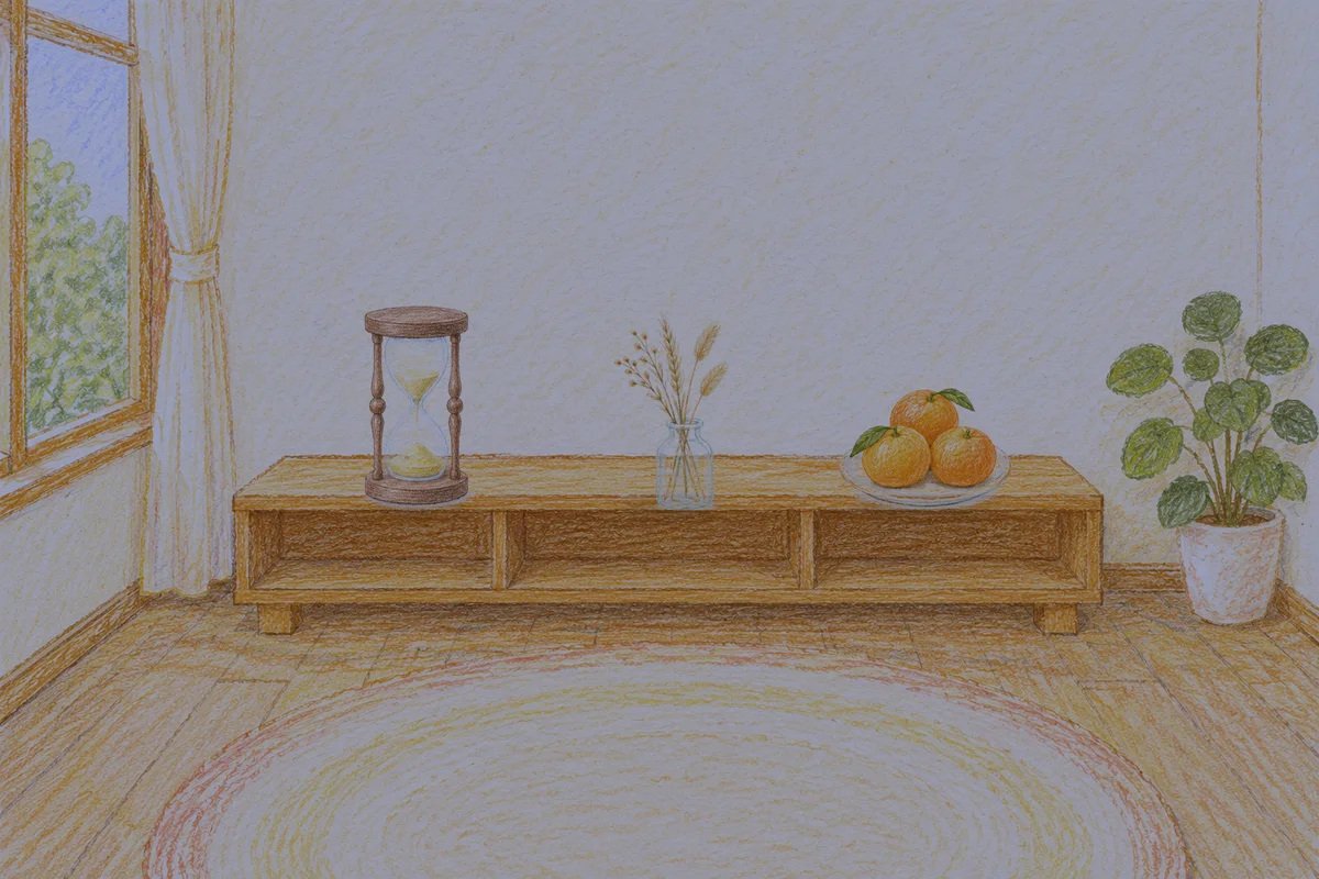 삼전동 여성전용 발 케어 안내 그림, 밤의 창가 낮은 선반 위에 놓인 모래시계, 마른 풀을 꽂은 항아리, 귤이 담긴 접시