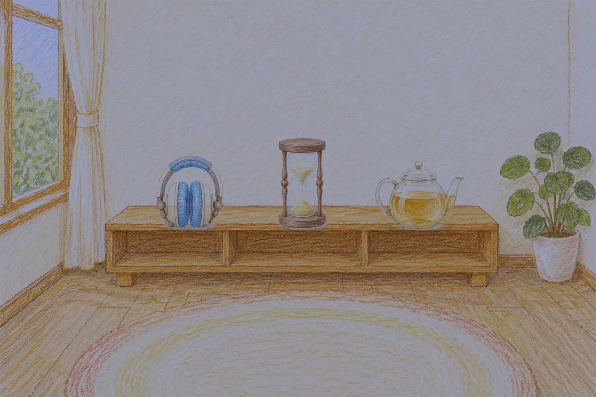 삼전동 여성전용 발관리 추천 안내 그림, 밤의 창가 낮은 선반 위에 놓인 헤드폰, 모래시계, 유리 티포트