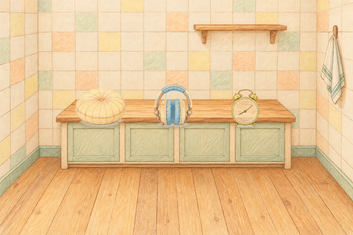 삼전동 여성전용 림프 마사지 안내 그림, 낮의 부엌 나무 조리대 위에 놓인 둥근 쿠션, 헤드폰, 둥근 알람시계