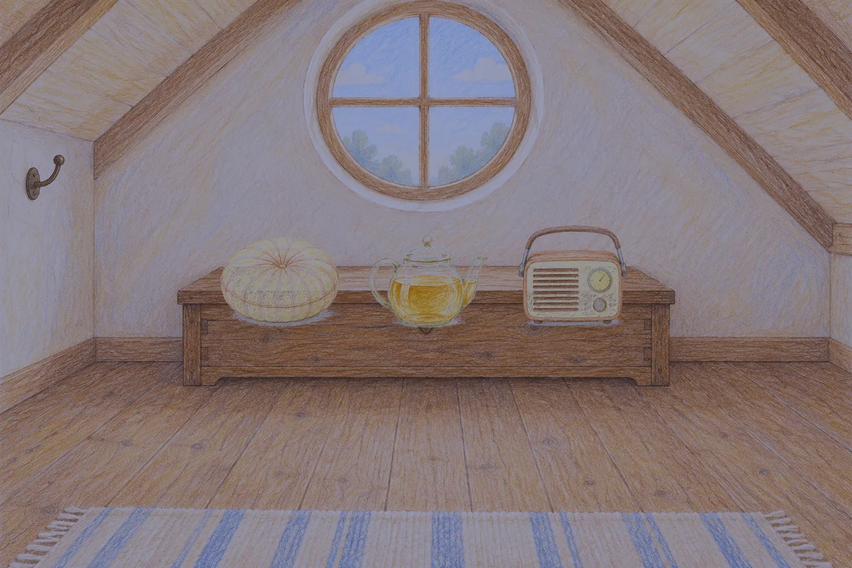 삼전동 여성전용 바디 케어 안내 그림, 밤의 다락방 나무 궤짝 위에 놓인 둥근 쿠션, 유리 티포트, 작은 라디오