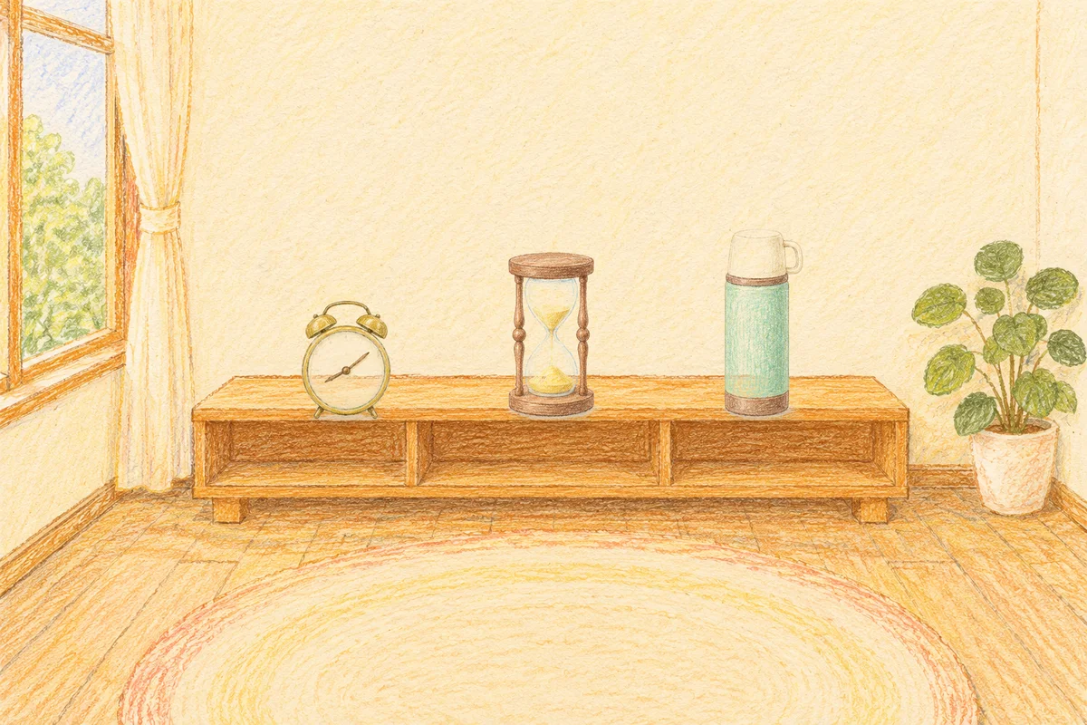 삼전동 여성전용 슬리밍 마사지 안내 그림, 낮의 창가 낮은 선반 위에 놓인 둥근 알람시계, 모래시계, 보온병