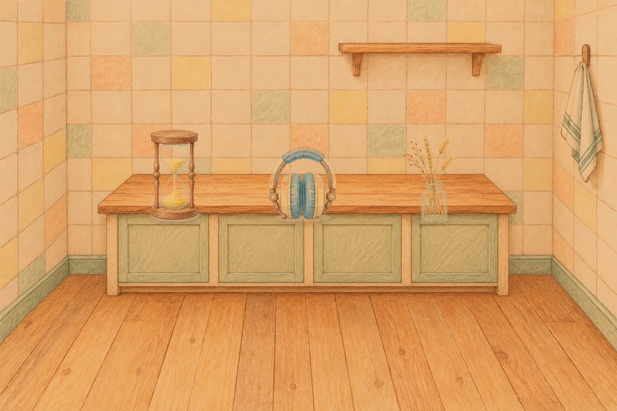 삼전동 여성전용 디톡스 마사지 안내 그림, 저녁의 부엌 나무 조리대 위에 놓인 모래시계, 헤드폰, 마른 풀을 꽂은 항아리