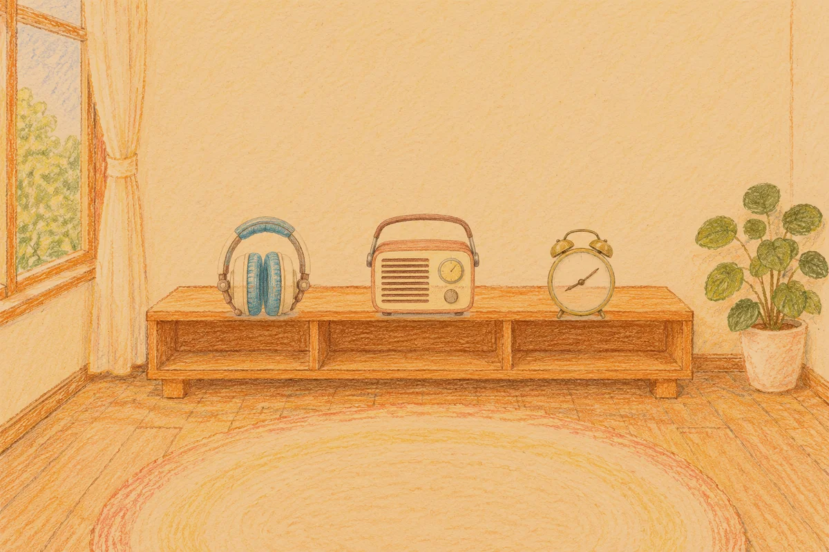 삼전동 여성전용 등 마사지 안내 그림, 저녁의 창가 낮은 선반 위에 놓인 헤드폰, 작은 라디오, 둥근 알람시계