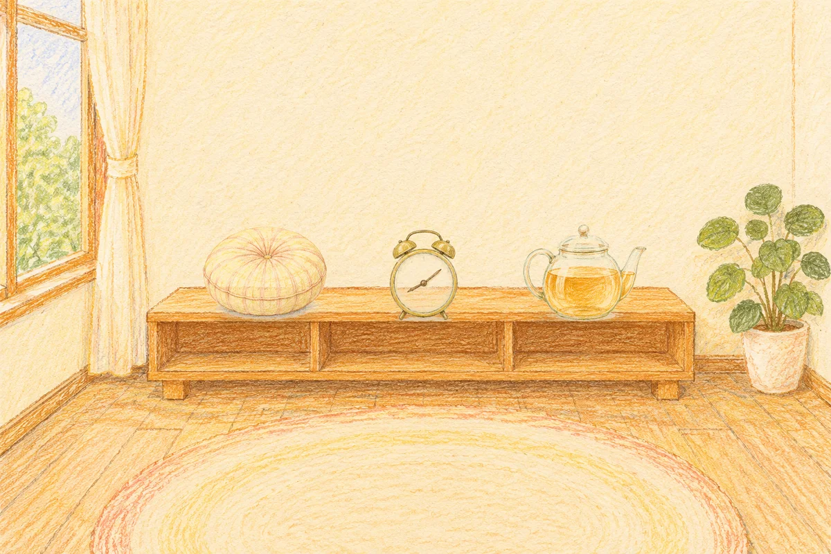 삼전동 여성전용 두피 마사지 안내 그림, 낮의 창가 낮은 선반 위에 놓인 둥근 쿠션, 둥근 알람시계, 유리 티포트