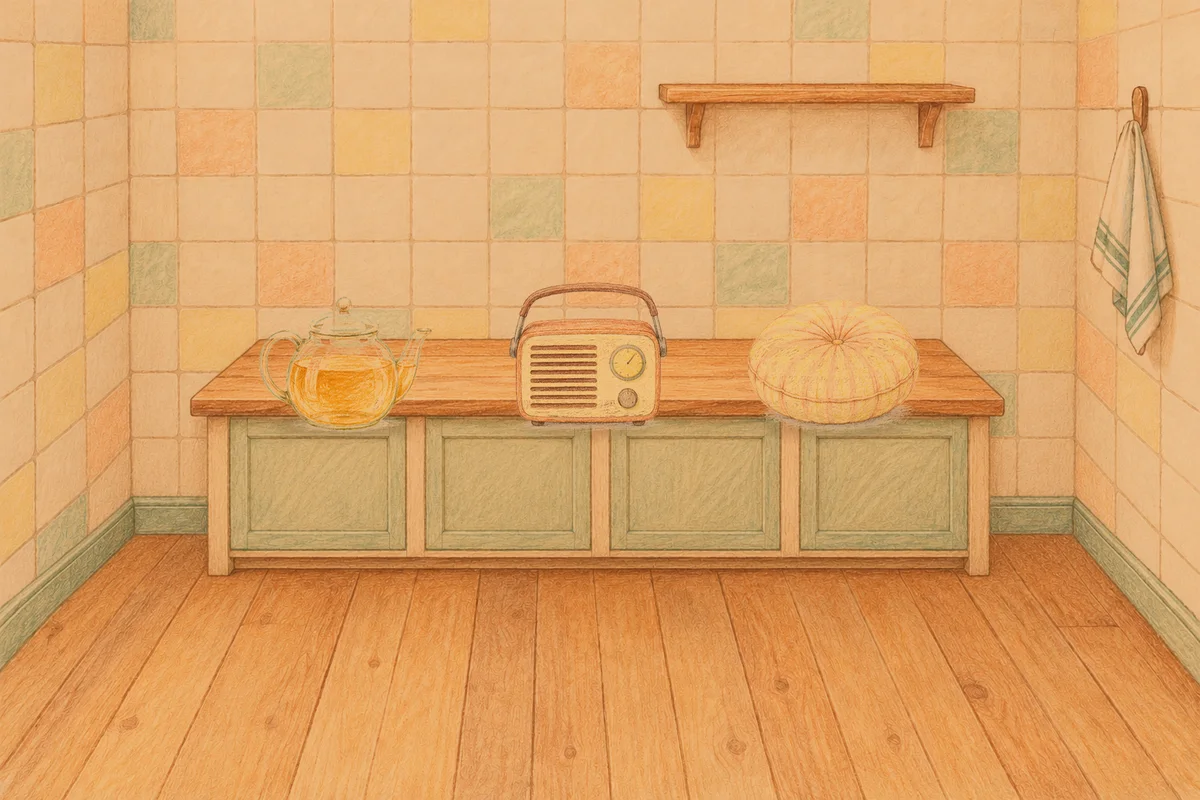 삼전동 여성전용 수면 케어 안내 그림, 저녁의 부엌 나무 조리대 위에 놓인 유리 티포트, 작은 라디오, 둥근 쿠션