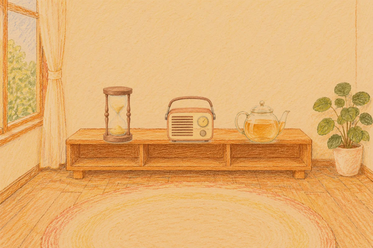 삼전동 여성전용 피로 회복 마사지 안내 그림, 저녁의 창가 낮은 선반 위에 놓인 모래시계, 작은 라디오, 유리 티포트