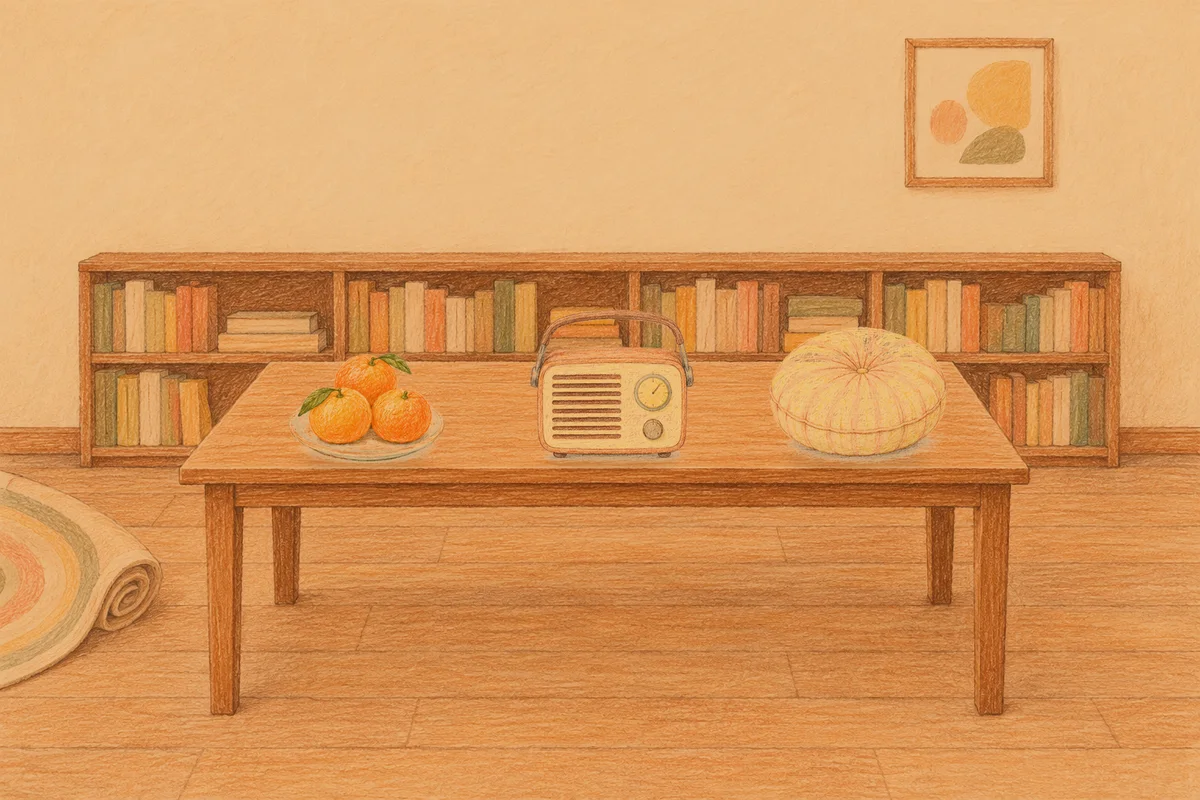 삼전동 여성전용 안티에이징 케어 안내 그림, 저녁의 서재 긴 책상 위에 놓인 귤이 담긴 접시, 작은 라디오, 둥근 쿠션
