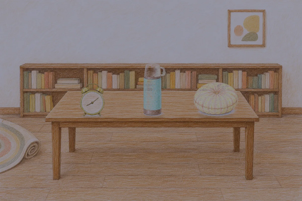 삼전동 여성전용 브라이덜 케어 안내 그림, 밤의 서재 긴 책상 위에 놓인 둥근 알람시계, 보온병, 둥근 쿠션