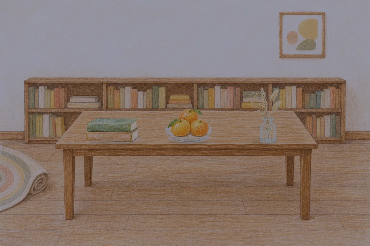 삼전동 여성전용 샵 마사지 안내 그림, 밤의 서재 긴 책상 위에 놓인 책 두 권, 귤이 담긴 접시, 마른 풀을 꽂은 항아리
