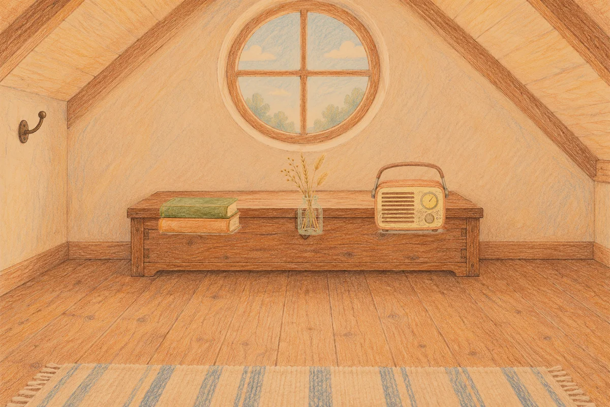 삼전동 여성전용 추천 마사지 안내 그림, 저녁의 다락방 나무 궤짝 위에 놓인 책 두 권, 마른 풀을 꽂은 항아리, 작은 라디오