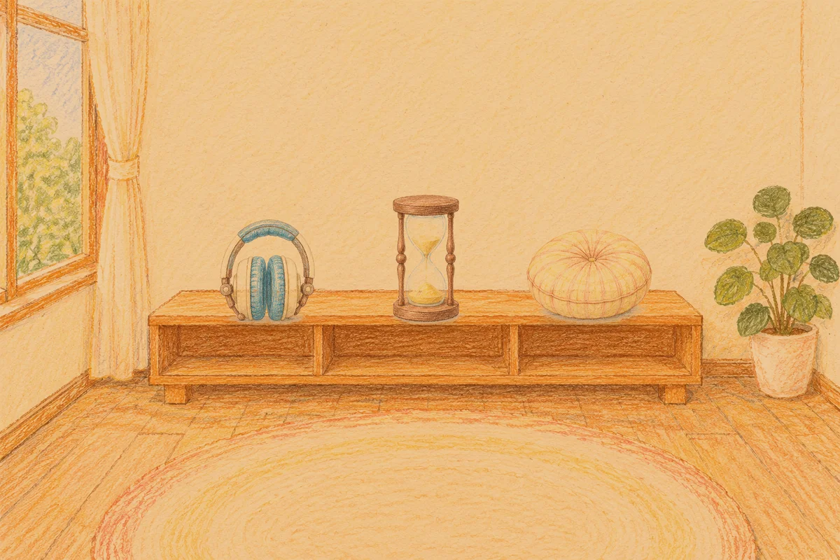삼전동 여성전용 출장 마사지 안내 그림, 저녁의 창가 낮은 선반 위에 놓인 헤드폰, 모래시계, 둥근 쿠션