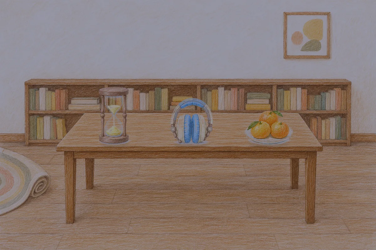 삼전동 여성전용 출장 마사지 후기 안내 그림, 밤의 서재 긴 책상 위에 놓인 모래시계, 헤드폰, 귤이 담긴 접시