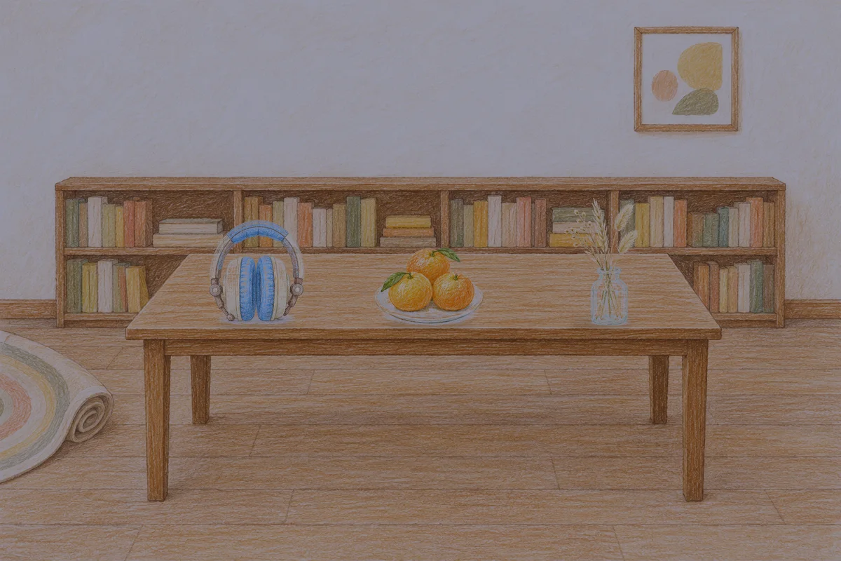 가락동 여성전용 아로마 마사지 안내 그림, 밤의 서재 긴 책상 위에 놓인 헤드폰, 귤이 담긴 접시, 마른 풀을 꽂은 항아리