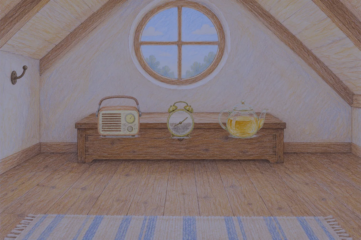 가락동 여성전용 프리미엄 스웨디시 안내 그림, 밤의 다락방 나무 궤짝 위에 놓인 작은 라디오, 둥근 알람시계, 유리 티포트