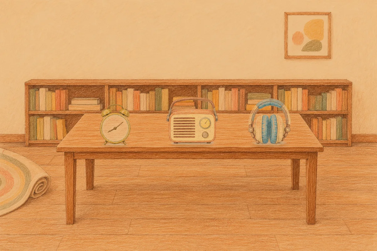 가락동 여성전용 스웨디시 후기 안내 그림, 저녁의 서재 긴 책상 위에 놓인 둥근 알람시계, 작은 라디오, 헤드폰