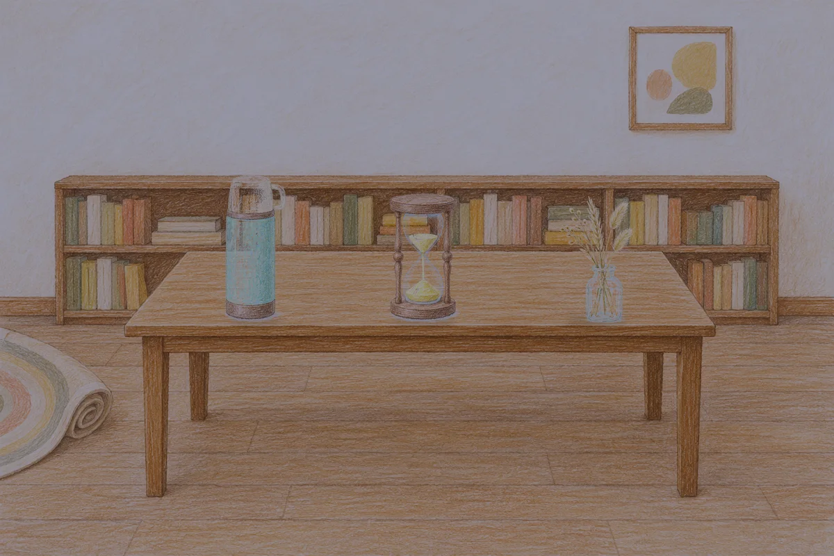 가락동 여성전용 스웨디시 가격 안내 그림, 밤의 서재 긴 책상 위에 놓인 보온병, 모래시계, 마른 풀을 꽂은 항아리