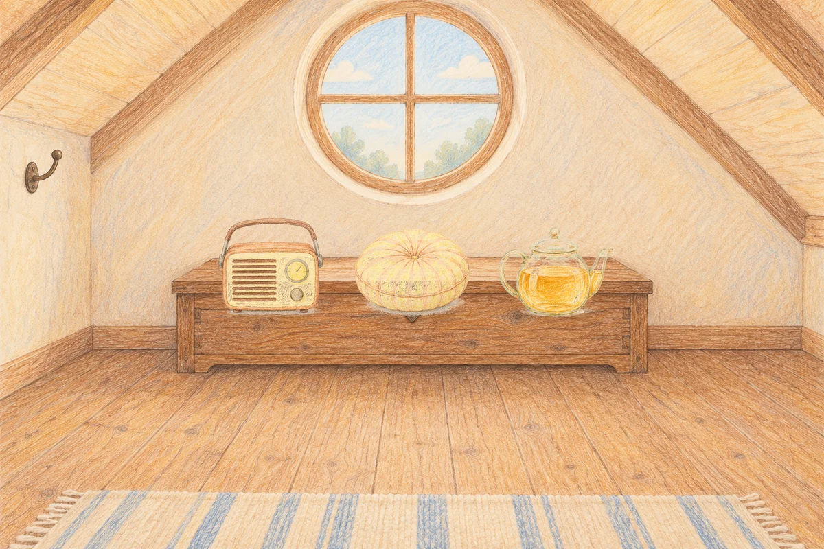 가락동 여성전용 스웨디시 추천 안내 그림, 낮의 다락방 나무 궤짝 위에 놓인 작은 라디오, 둥근 쿠션, 유리 티포트