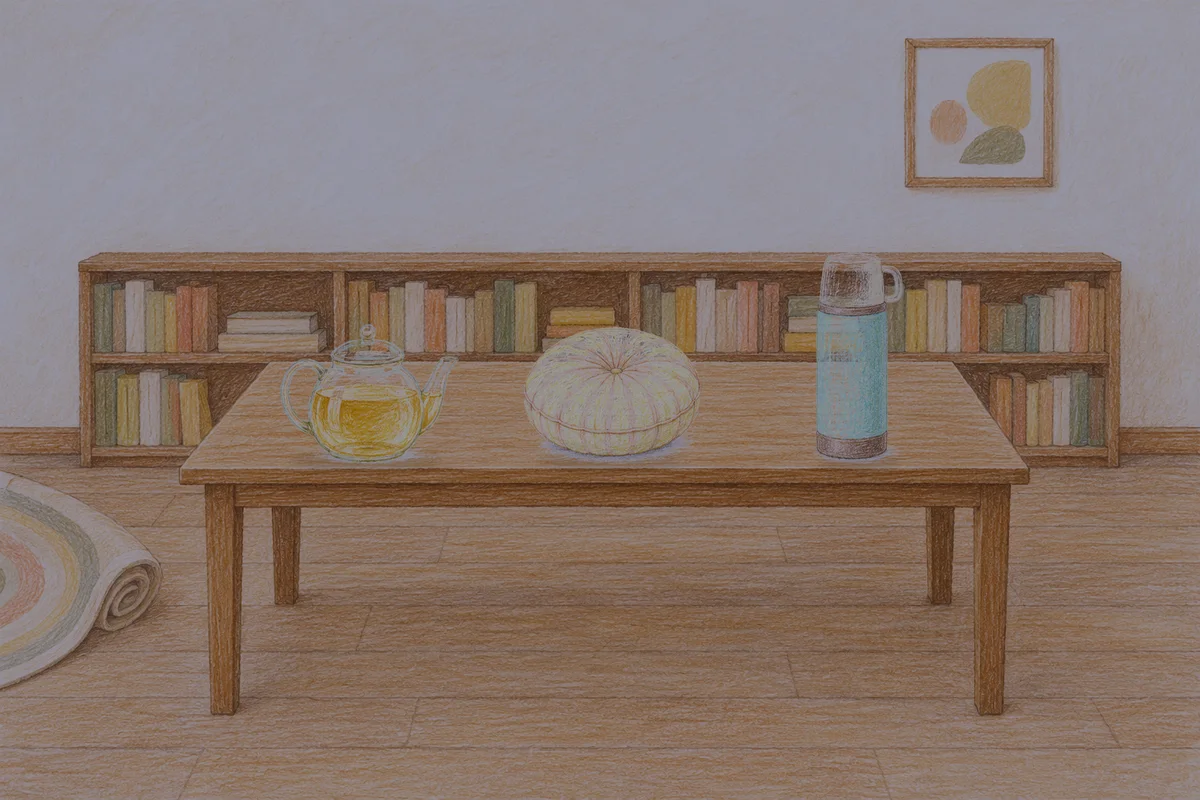 가락동 여성전용 아로마 추천 안내 그림, 밤의 서재 긴 책상 위에 놓인 유리 티포트, 둥근 쿠션, 보온병