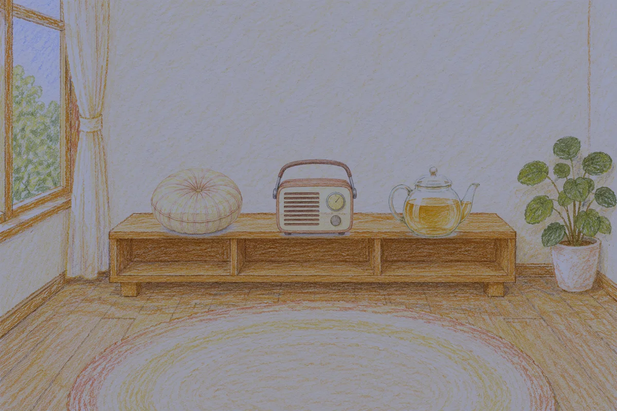 가락동 여성전용 경락 마사지 안내 그림, 밤의 창가 낮은 선반 위에 놓인 둥근 쿠션, 작은 라디오, 유리 티포트