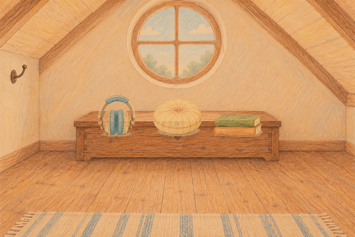 가락동 여성전용 경락 가격 안내 그림, 저녁의 다락방 나무 궤짝 위에 놓인 헤드폰, 둥근 쿠션, 책 두 권