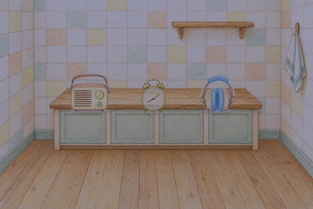 가락동 여성전용 방문 마사지 안내 그림, 밤의 부엌 나무 조리대 위에 놓인 작은 라디오, 둥근 알람시계, 헤드폰
