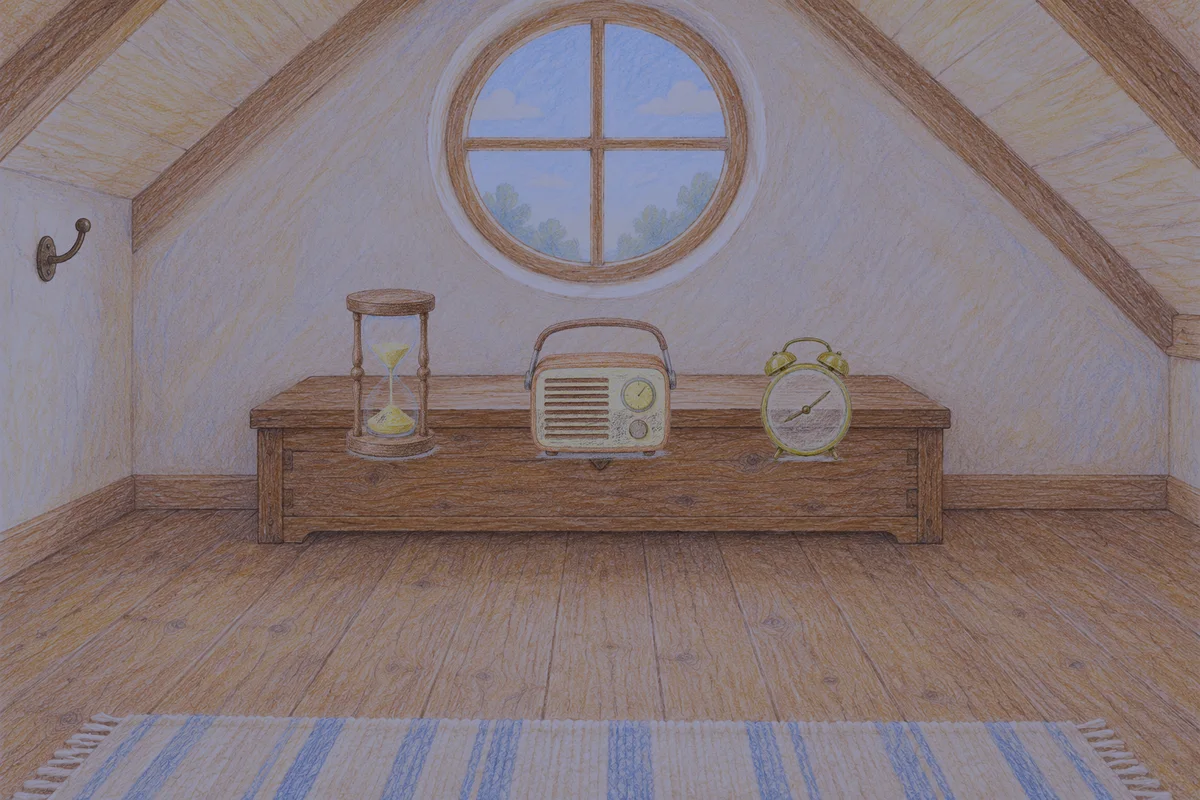 가락동 여성전용 방문 홈케어 안내 그림, 밤의 다락방 나무 궤짝 위에 놓인 모래시계, 작은 라디오, 둥근 알람시계