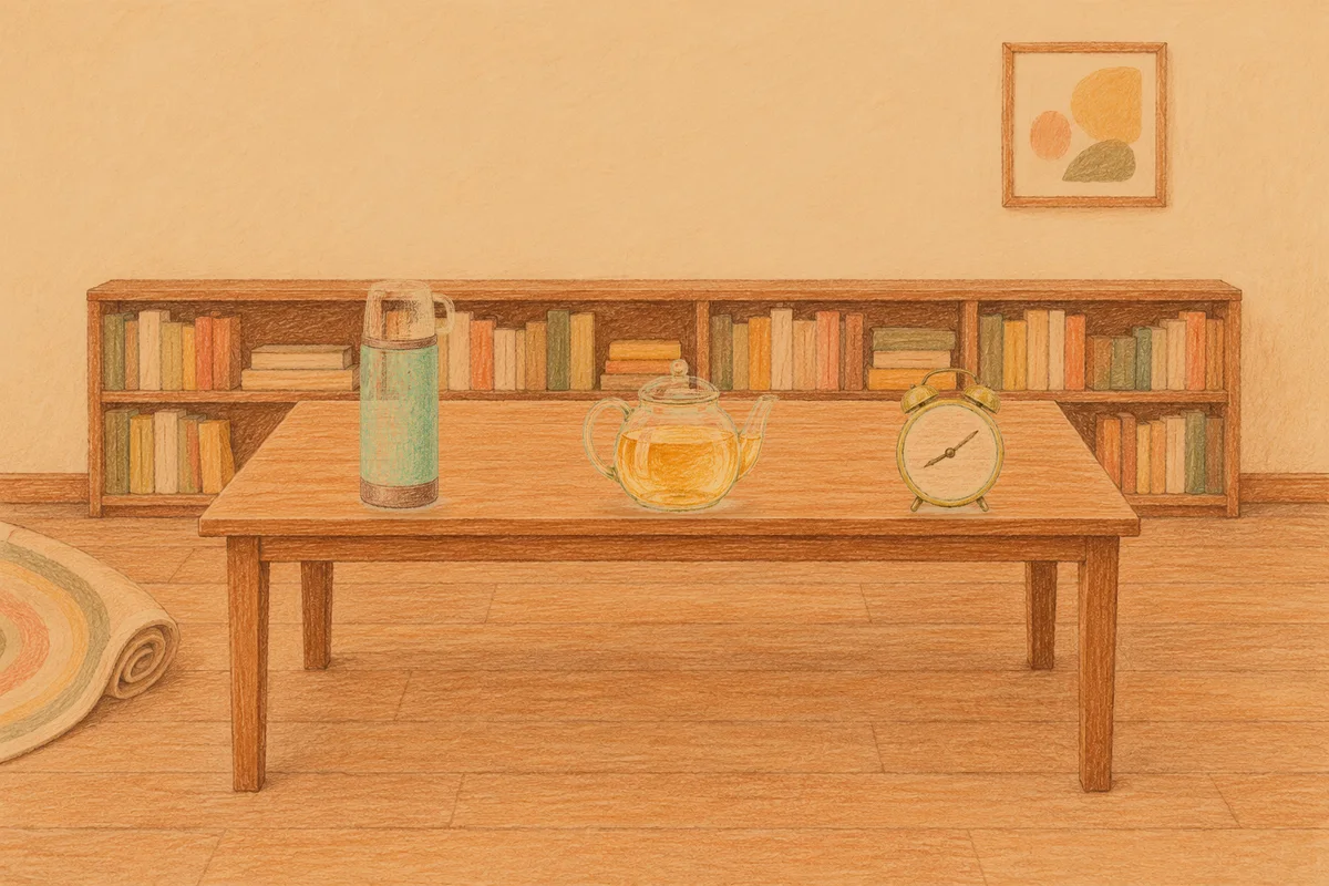 가락동 여성전용 홈케어 후기 안내 그림, 저녁의 서재 긴 책상 위에 놓인 보온병, 유리 티포트, 둥근 알람시계