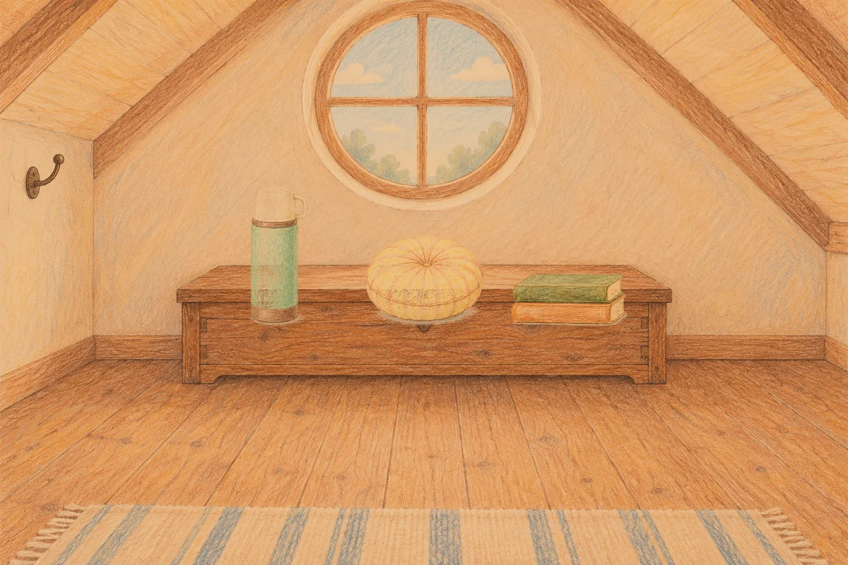 가락동 여성전용 발마사지 안내 그림, 저녁의 다락방 나무 궤짝 위에 놓인 보온병, 둥근 쿠션, 책 두 권