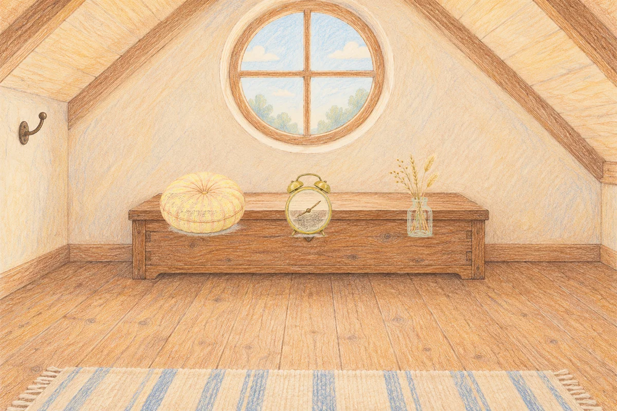 가락동 여성전용 발관리 후기 안내 그림, 낮의 다락방 나무 궤짝 위에 놓인 둥근 쿠션, 둥근 알람시계, 마른 풀을 꽂은 항아리