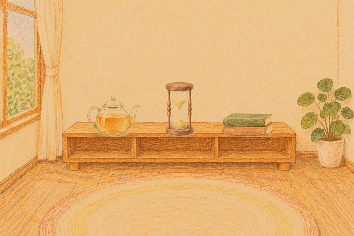 가락동 여성전용 셀룰라이트 관리 안내 그림, 저녁의 창가 낮은 선반 위에 놓인 유리 티포트, 모래시계, 책 두 권