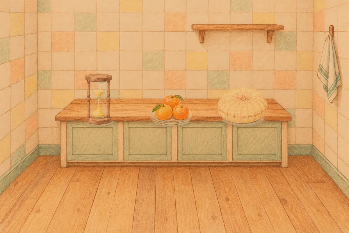 가락동 여성전용 바디 케어 안내 그림, 저녁의 부엌 나무 조리대 위에 놓인 모래시계, 귤이 담긴 접시, 둥근 쿠션