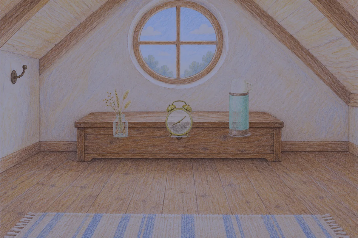 가락동 여성전용 디톡스 마사지 안내 그림, 밤의 다락방 나무 궤짝 위에 놓인 마른 풀을 꽂은 항아리, 둥근 알람시계, 보온병