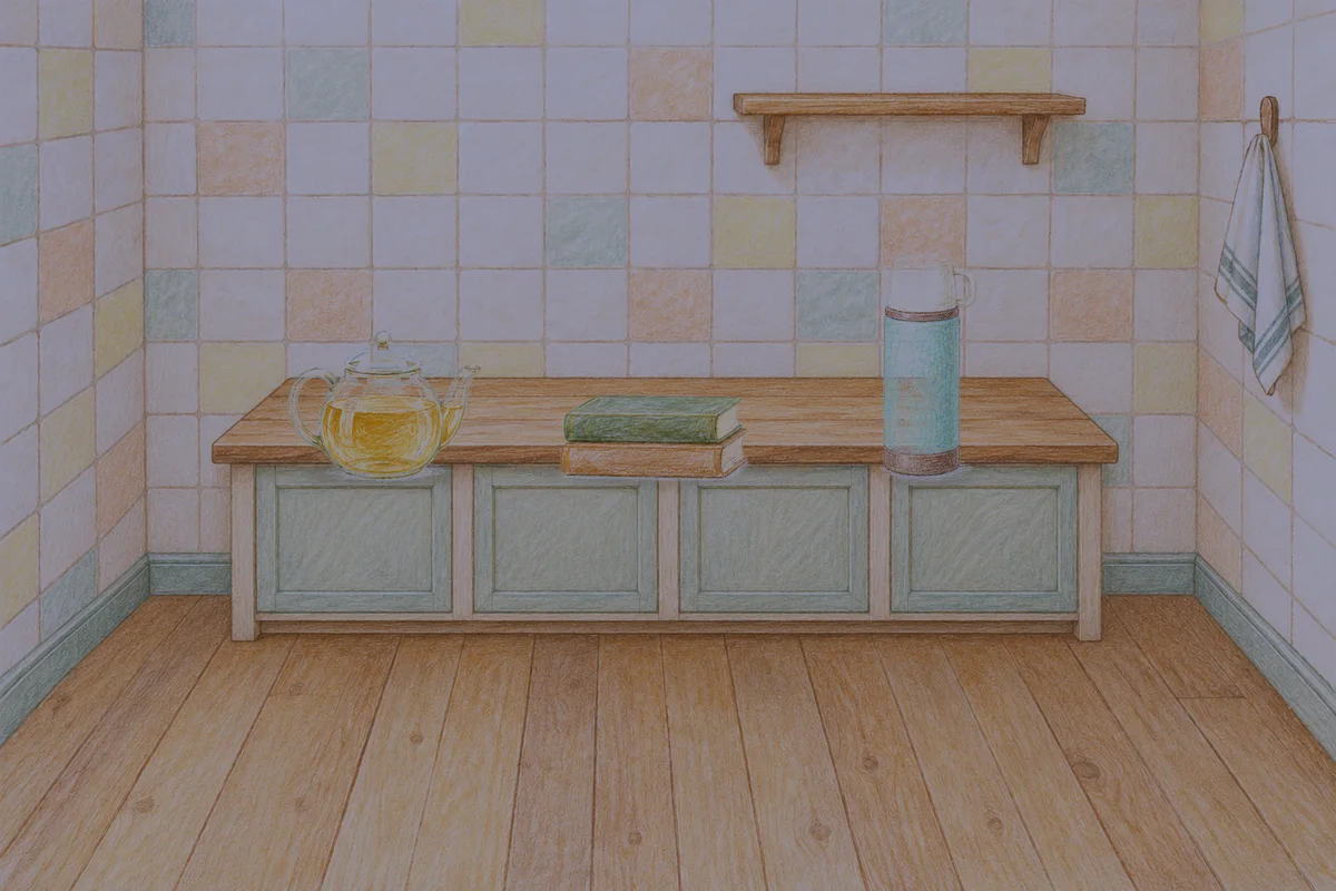 가락동 여성전용 다이어트 마사지 안내 그림, 밤의 부엌 나무 조리대 위에 놓인 유리 티포트, 책 두 권, 보온병