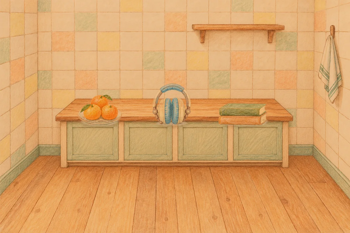 가락동 여성전용 두피 마사지 안내 그림, 저녁의 부엌 나무 조리대 위에 놓인 귤이 담긴 접시, 헤드폰, 책 두 권