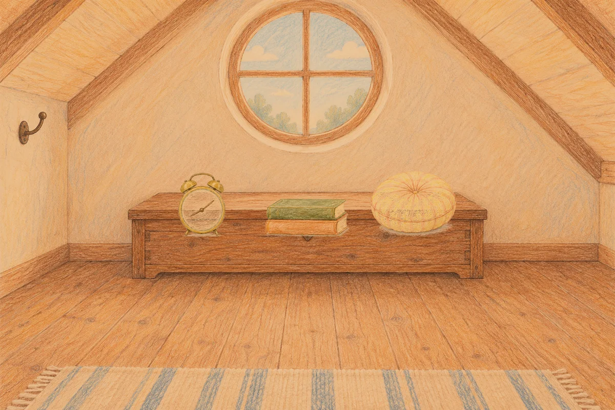 가락동 여성전용 피로 회복 마사지 안내 그림, 저녁의 다락방 나무 궤짝 위에 놓인 둥근 알람시계, 책 두 권, 둥근 쿠션