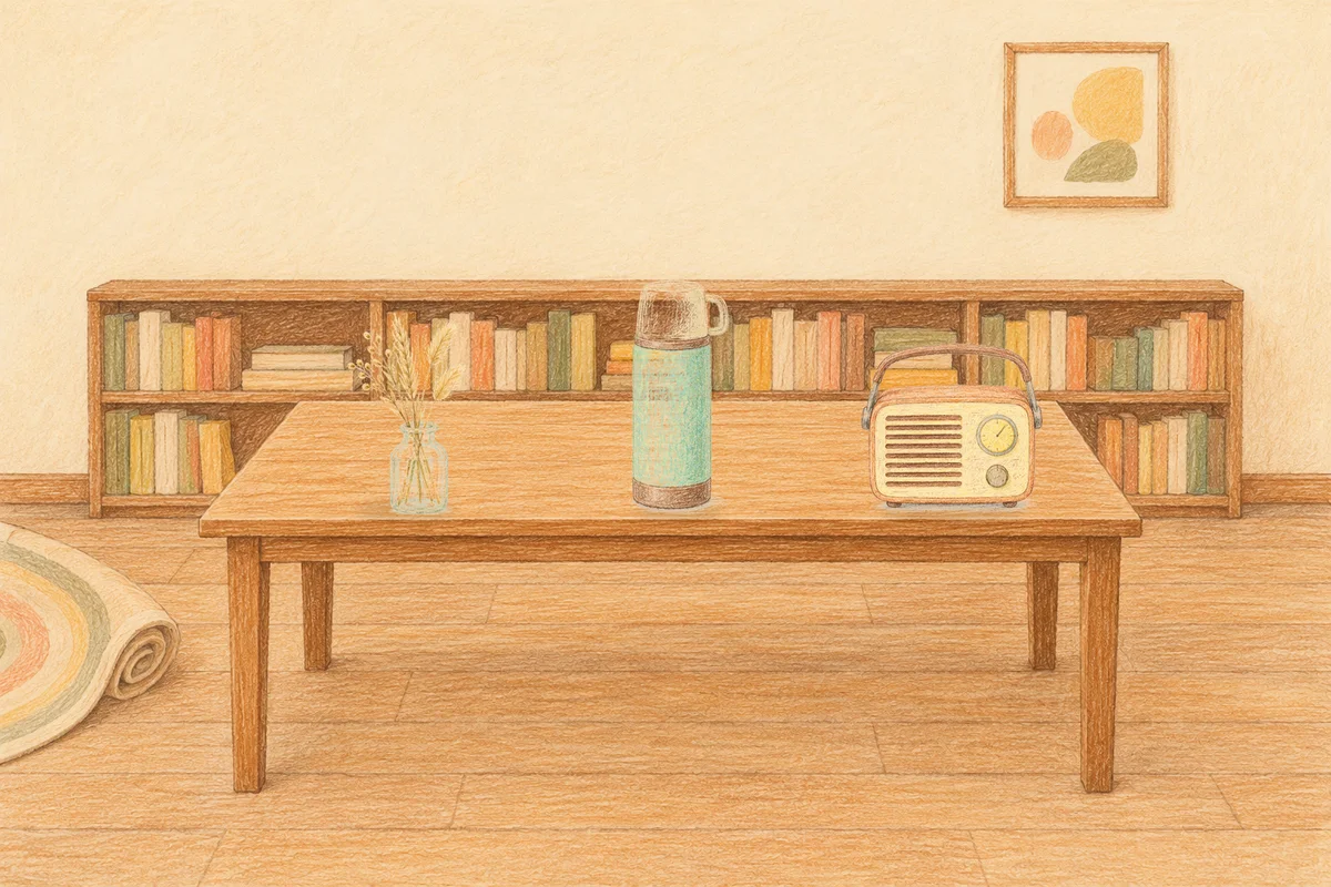 가락동 여성전용 브라이덜 케어 안내 그림, 낮의 서재 긴 책상 위에 놓인 마른 풀을 꽂은 항아리, 보온병, 작은 라디오
