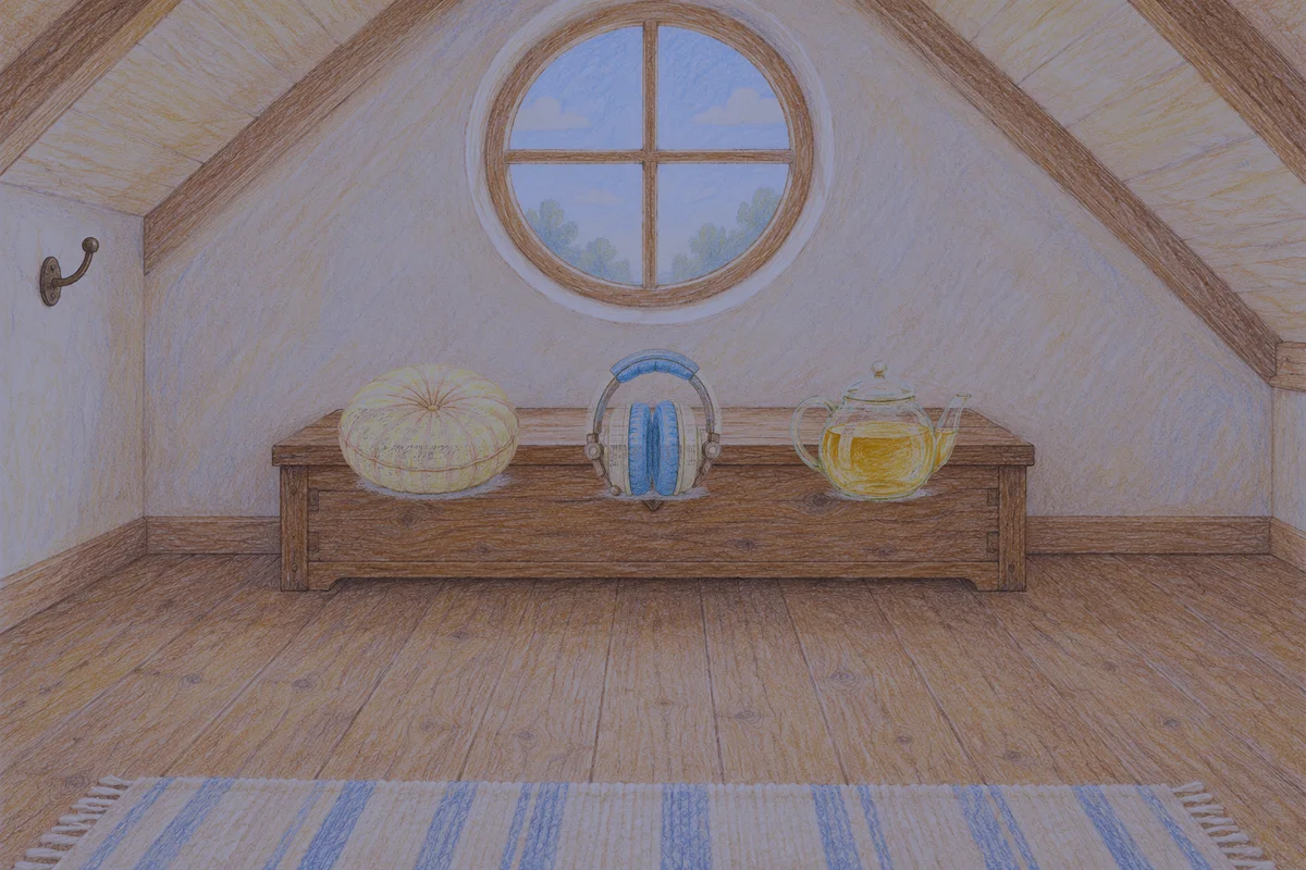 가락동 여성전용 피부 관리 안내 그림, 밤의 다락방 나무 궤짝 위에 놓인 둥근 쿠션, 헤드폰, 유리 티포트