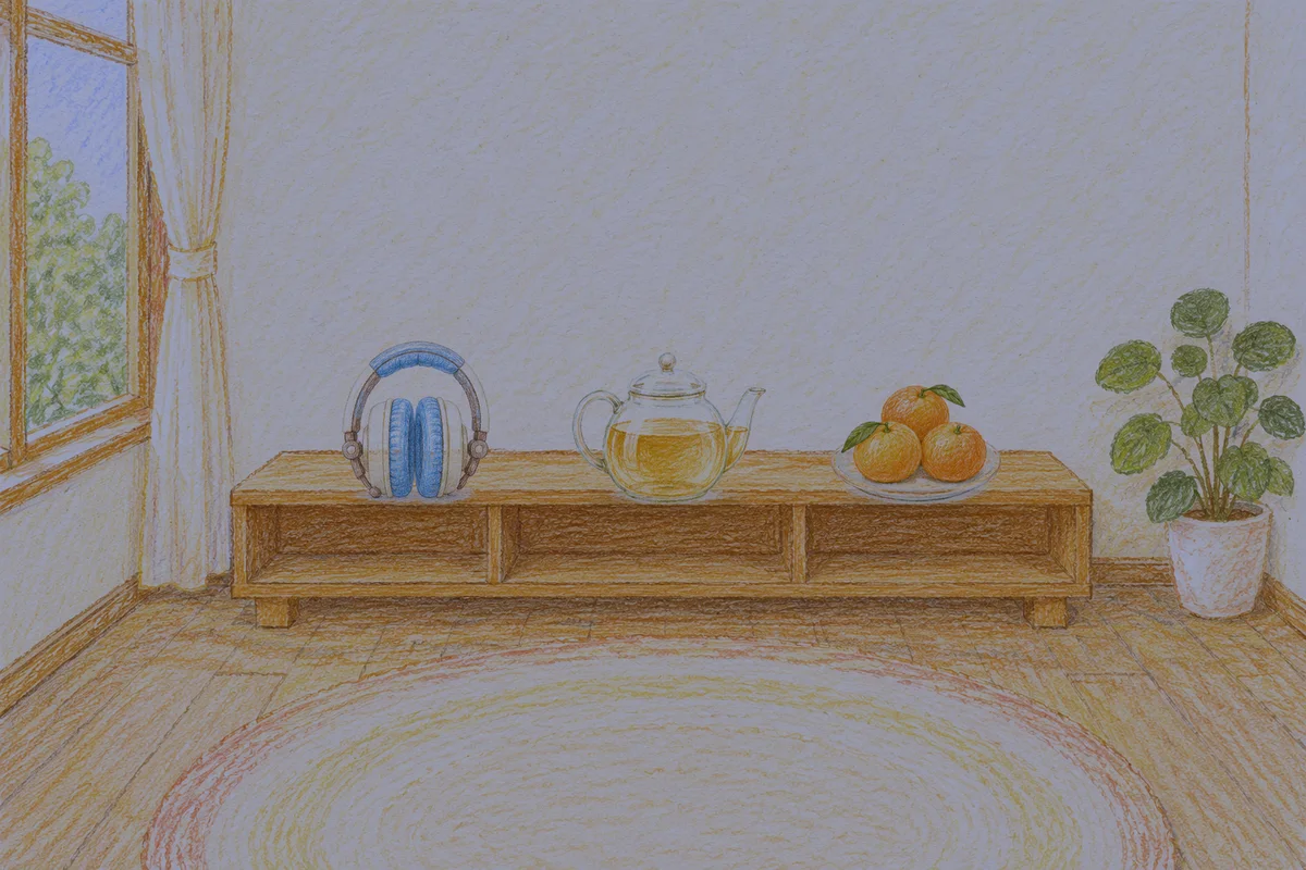 가락동 여성전용 샵 마사지 안내 그림, 밤의 창가 낮은 선반 위에 놓인 헤드폰, 유리 티포트, 귤이 담긴 접시